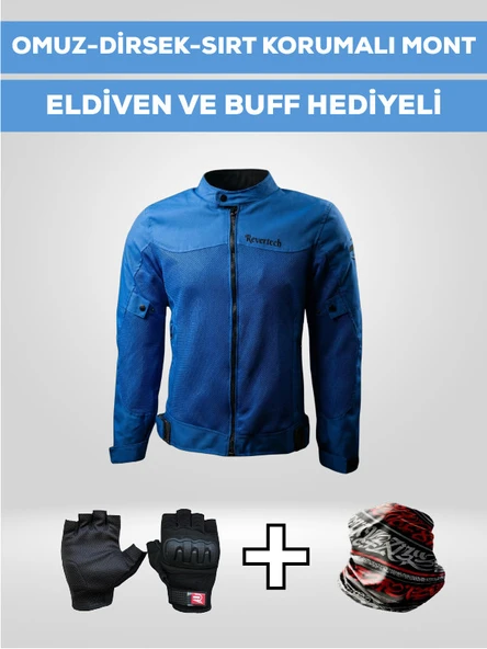 Revertech Aura Mavi / Bel, Dirsek ve Sırt Korumalı Motosiklet Montu + ELDİVEN VE BUFF HEDİYELİ ürün görseli 1