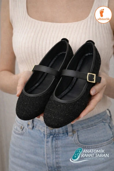 Albishoes Tüvit Kumaş Mary Jane Babet Şık Tokalı Anatomik Taban Günlük Ofis Ayakkabısı Kadın Babet ürün görseli 1