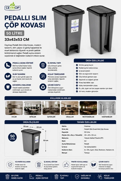 Ceymop Pedallı Slim Evsel Atık Çöp Kovası 50 L 33x43x53 cm ürün görseli 1