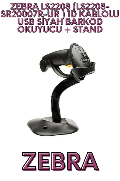 ZEBRA LS2208 (LS2208-SR20007R-UR ) 1D KABLOLU USB SİYAH BARKOD OKUYUCU + STAND ürün görseli 1