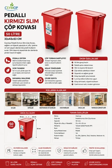 Ceymop Pedallı Kırmızı Slim Çöp Kovası 50 L 33x43x53 cm ürün görseli 1