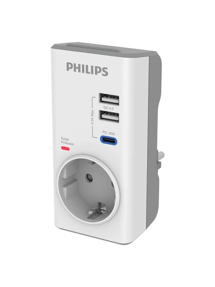 Philips PD20WQC Hızlı Şarj 1 x USB-C 2 X USB-A Tekli Akım Korumalı Priz ürün görseli 1