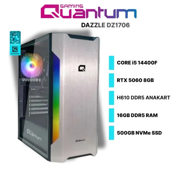 Quantum Gaming Dazzle DZ1706 i5-14400F 16GB DDR5 500GB NVMe RTX 5060 8GB Freedos Oyun Bilgisayarı ürün görseli 1