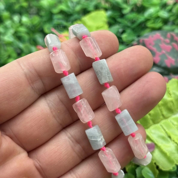 Silindir Çakra Akuamarin - Pembe Kuvars Taşı 8x12 MM ürün görseli 1
