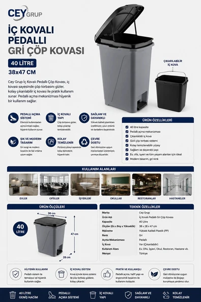 Cey Grup İç Kovalı Pedallı Gri Çöp Kovası 40 L 38x47 cm ürün görseli 1