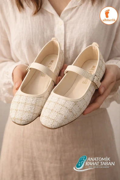 Albishoes Tüvit Kumaş Mary Jane Babet Şık Tokalı Anatomik Taban Günlük Ofis Ayakkabısı Kadın Babet ürün görseli 1