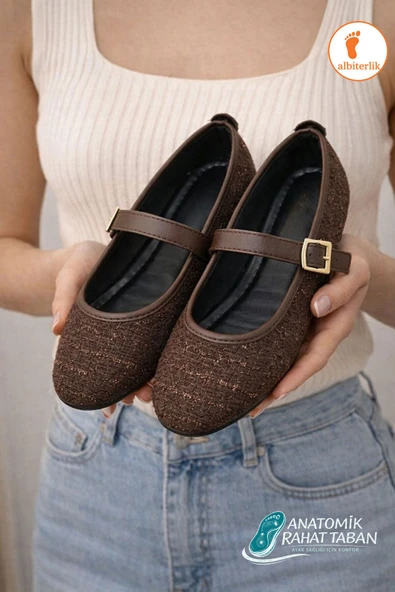 Albishoes Tüvit Kumaş Mary Jane Babet Şık Tokalı Anatomik Taban Günlük Ofis Ayakkabısı Kadın Babet ürün görseli 1