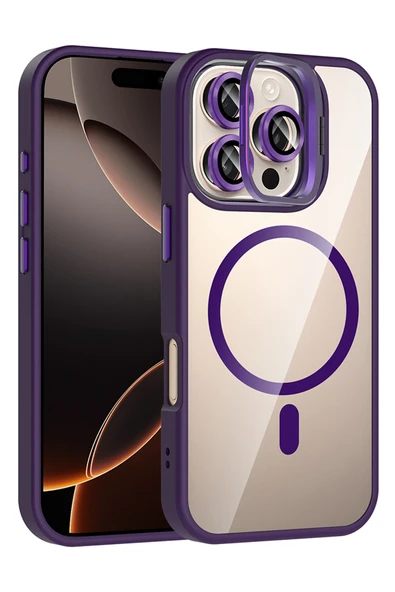 Fuchsia iPhone 16 Pro ile Uyumlu Remim Lensli Magneticsafe Standlı Kapak - Derin Mor ürün görseli 1