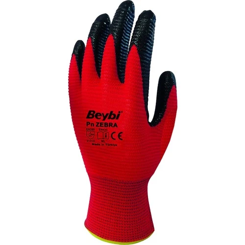 Beybi Pn Zebra Polyester Örme Kırmızı Nitril Eldiven No: 10 1 Çift ürün görseli 1