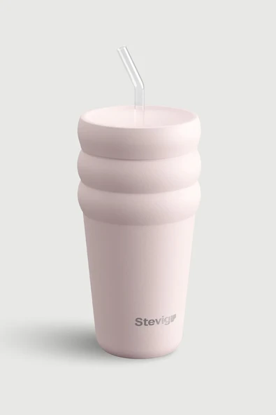 STEVIG 3 BUBBLE TWO-CAP STRAW TUMBLER ÇELİK TERMOS 600 ML SOFT QUARTZ ST-248 ürün görseli 1