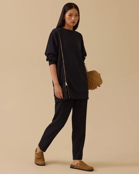 fermuar detaylı yuvarlak yaka sweatshirt Scl ürün görseli 1
