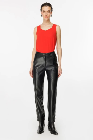 Ekol Kadın Deri Look Midi Pantolon - Minimalist Günlük Stil - Metalik Detaylar ürün görseli 1