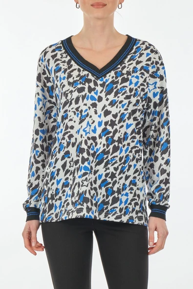 Ysatis Oversize V Yaka Leopar Desenli Uzun Kol Bluz - Günlük Şıklık ürün görseli 1