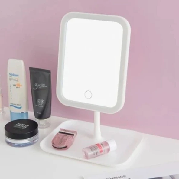 BUFFER® Dokunmatik LED Işıklı Kare Makyaj Aynası – Altı Organizer Kaseli, Ayarlanabilir Aydınlatmalı Masaüstü Makyaj ve Cilt Bakım Aynası ürün görseli 1