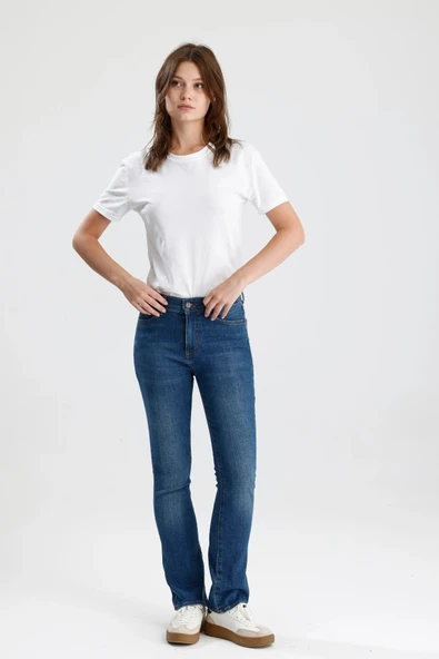 #KadınJean Az Giyilmiş Görünümlü Orta Indigo Boot Cut Kesim Monica24 Rahat Kadın Jean Pantolon ürün görseli 1