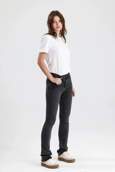 Yeni Sezon Boot Cut Monica24 Koyu Gri Denim Düz Kesim Sade Şık Kadın Jean Pantolon ürün görseli 1