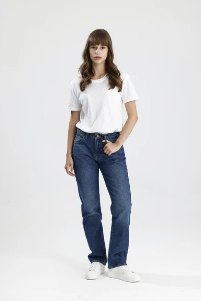 Özel Üretim %100 Pamuk Orta Koyulukta Indigo Denim Hafif Bol Ricky15 Kadın Jean Pantolon ürün görseli 1