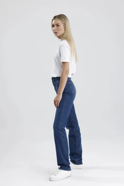 Yeni Sezon Yüksek Bel Nataly36 Orta Koyulukta Indigo Denim Düz Kesim Sade Şık Kadın Jean Pantolon ürün görseli 1