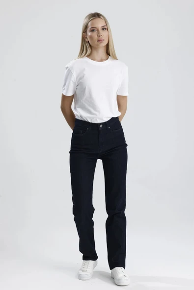 Özel Üretim Yüksek Bel Nataly36 Süper Koyu Indigo Denim Düz Kesim Sade Şık Kadın Jean Pantolon ürün görseli 1