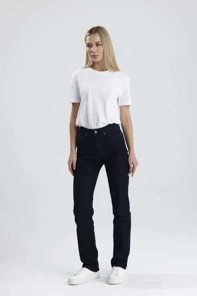 Özel Üretim Yüksek Bel Nataly36 Süper Koyu Indigo Denim Düz Kesim Sade Şık Kadın Jean Pantolon ürün görseli 1