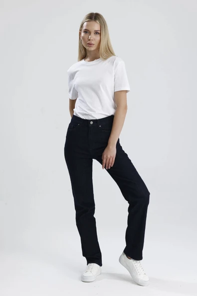 Özel Üretim Yüksek Bel Nataly36 Süper Koyu Indigo Denim Düz Kesim Sade Şık Kadın Jean Pantolon ürün görseli 1