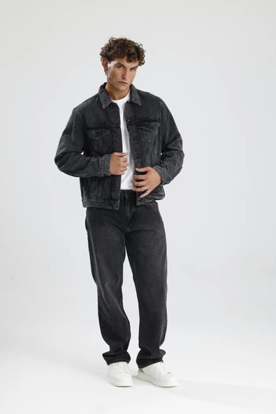 Özel Üretim %100 Pamuk Koyu Gri Denim Rahat Konforlu Tom32 Erkek Trucker Jean Ceket ürün görseli 1