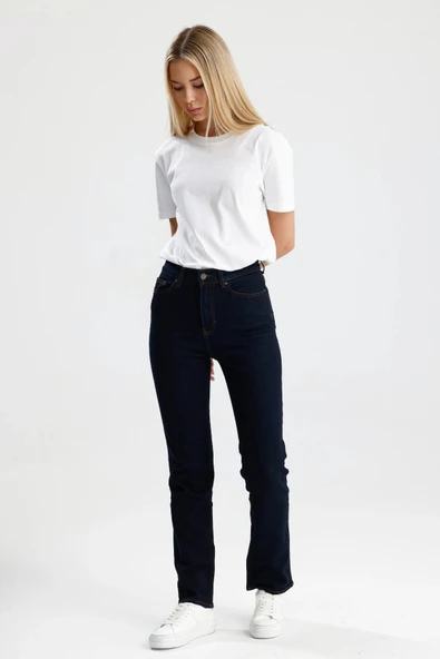 Yeni Sezon Nataly36 Yüksek Bel Düz Kesim Az Yıkanmış Renkte Indigo Denim Kadın Jean Pantolon ürün görseli 1