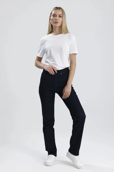 Özel Üretim Yüksek Bel Nataly36 Süper Koyu Indigo Denim Düz Kesim Sade Şık Kadın Jean Pantolon ürün görseli 1