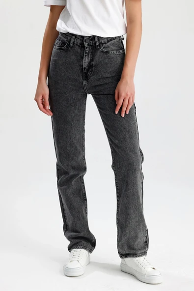 Yeni Sezon %100 Pamuk Nataly36 Yüksek Bel Düz Kesim Sade Şık Koyu Gri Denim Kadın Jean Pantolon ürün görseli 1