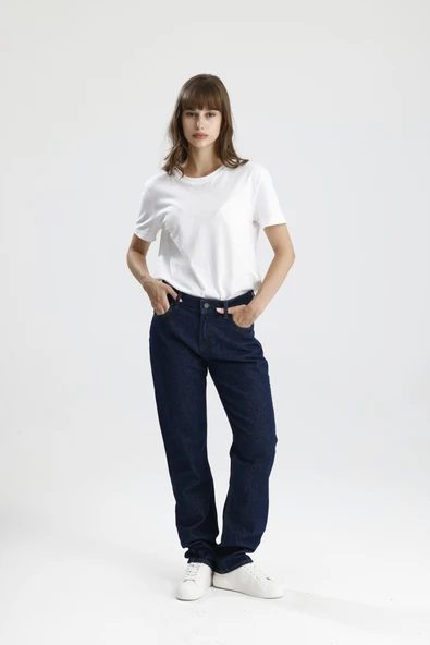 Özel Üretim %100 Pamuk Nefes Alabilir Koyu Indigo Denim Hafif Bol Ricky15 Kadın Jean Pantolon ürün görseli 1