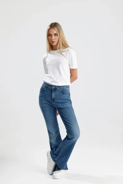 Özel Üretim Eskitilmiş Indigo Denim Zarif Rahat Shophie33 İspanyol Paça Kadın Jean Pantolon ürün görseli 1