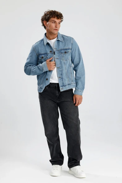 Özel Üretim Açık Indigo Denim Trucker Zarif Rahat Konforlu Tom32 Erkek Jean Ceket ürün görseli 1