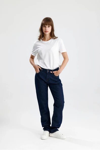 Özel Üretim %100 Pamuk Nefes Alabilir Koyu Indigo Denim Hafif Bol Ricky15 Kadın Jean Pantolon ürün görseli 1