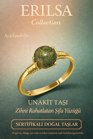 Sertifikalı Zihni Rahatlatan Şifa Yüzüğü – Unakit Taşı Ayarlanabilir Gold İnce Başak Terazi Burcu ürün görseli 1