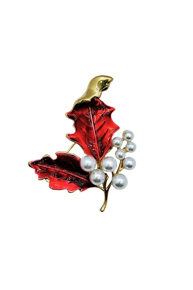 İnci Detaylı Kırmızı Yaprak Broş – Şık Doğal Form Brooch Pin ürün görseli 1
