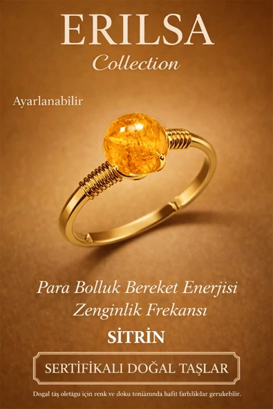 Sertifikalı Para Bolluk Bereket Yüzüğü – Sitrin Taşı Ayarlanabilir Gold İnce Kasa Aslan Koç Burcu ürün görseli 1