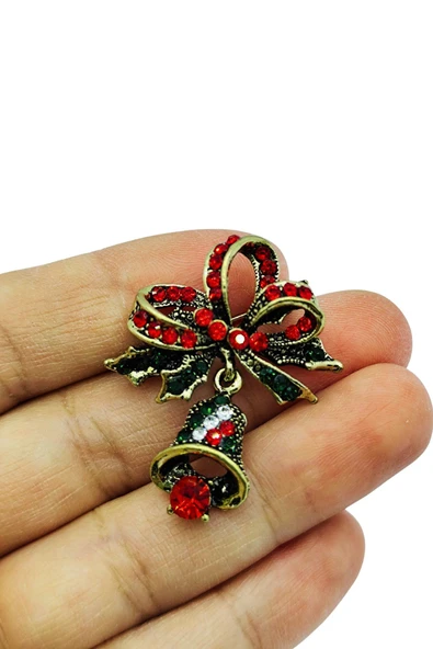 Kristal Taşlı Noel Çanı ve Fiyonk Broş – Vintage Yılbaşı Temalı Şık Aksesuar ürün görseli 1