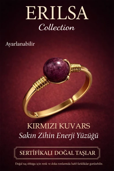 Sertifikalı Sakin Zihin Enerji Yüzüğü – Kırmızı Kuvars Taşı Ayarlanabilir Gold İnce Koç Aslan Burcu ürün görseli 1