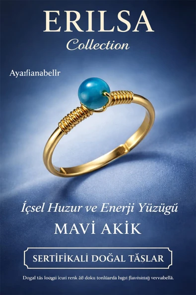 Sertifikalı İçsel Huzur Enerji Yüzüğü – Mavi Akik Taşı Ayarlanabilir Gold İnce Kova Balık Burcu ürün görseli 1