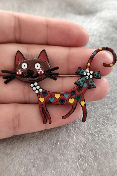 Neşeli Kedi Figürlü Canlı Renkli Broş - Resim 4