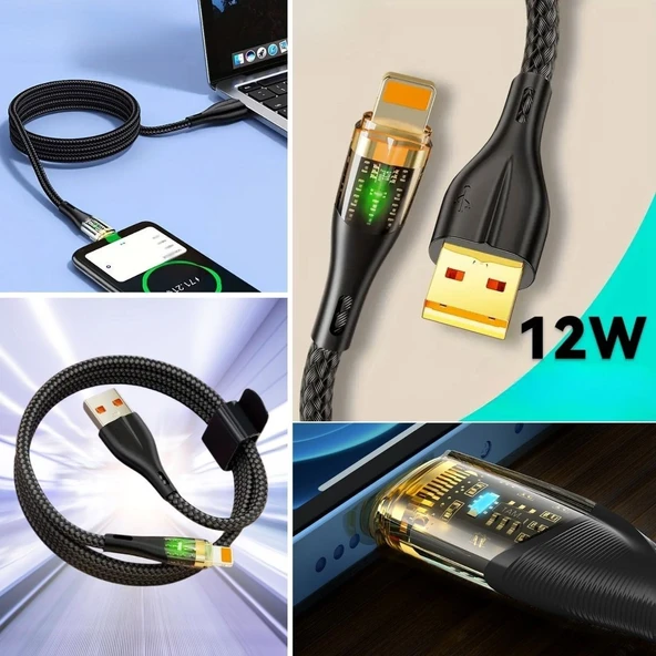 Led Işık Uçlu Sağlam İp Kablolu USB to Lightning Hızlı Şarj Kablosu (5250) ürün görseli 1