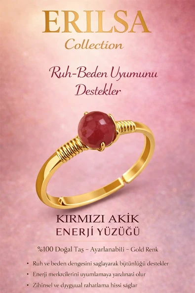 Sertifikalı Ruh Beden Denge Yüzüğü – Kırmızı Akik Taşı Ayarlanabilir Gold Aslan Koç Burcu ürün görseli 1