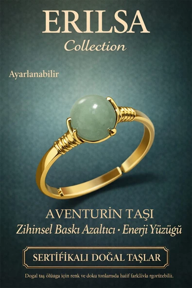 Sertifikalı Zihinsel Baskı Azaltıcı Yüzük – Aventurin Taşı Ayarlanabilir Gold Boğa Terazi Yengeç ürün görseli 1