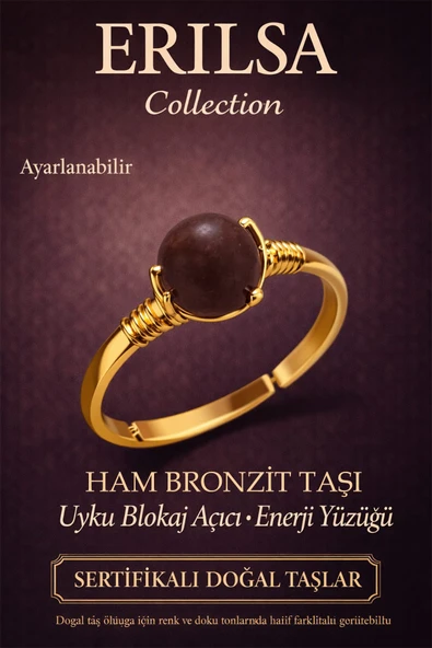 Sertifikalı Uyku Blokaj Açıcı Enerji Yüzüğü - Ham Bronzit Taşı Gold Ayarlanabilir Oğlak Boğa ürün görseli 1