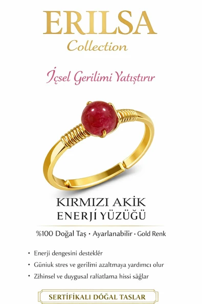Sertifikalı Enerji Dengeleyici Frekans Yüzüğü - Kırmızı Akik Taşı Ayarlamalı Gold Koç Aslan Burcu ürün görseli 1