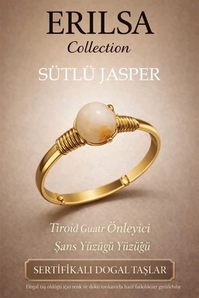 Sertifikalı Tiroid Enerji Denge Yüzüğü – Sütlü Jasper Ayarlamalı Gold İnce Kasa Boğa Yengeç Burcu ürün görseli 1
