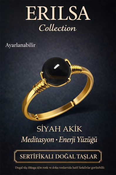 Sertifikalı Negatif Enerji Koruma Yüzüğü – Siyah Akik Taşı Ayarlanabilir Gold İnce Akrep Oğlak Burcu ürün görseli 1