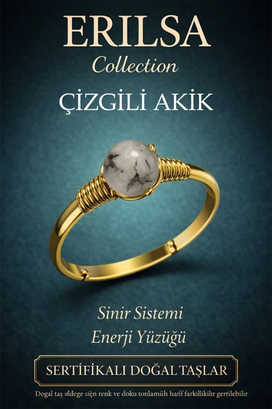 Sertifikalı Sinir Sistemi Enerji Yüzüğü – Çizgili Akik Ayarlanabilir Gold İnce Kasa İkizler Yengeç ürün görseli 1