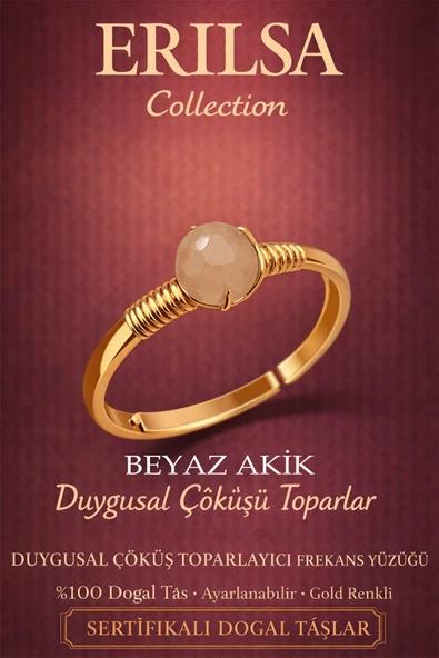 Sertifikalı Beyaz Akik Duygusal Çöküş Toparlayıcı Enerji Yüzüğü - Ayarlamalı Gold Yengeç Balık Burcu ürün görseli 1