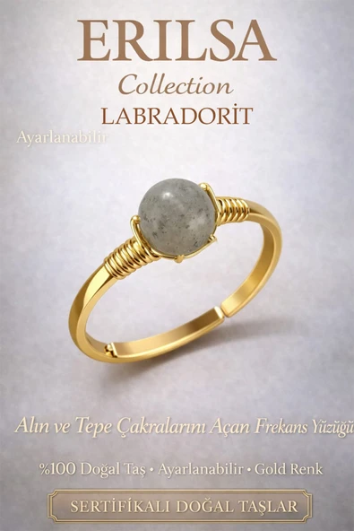 Sertifikalı Çakra Açıcı Enerji Yüzüğü Labradorit Taşı Gold Ayarlanabilir Kova Akrep Balık ürün görseli 1